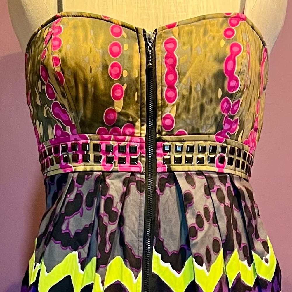 💜Kouture by Kimora Colorful *Art to Wear* Strappy Mini Dress w Pockets - Picture 5 of 6